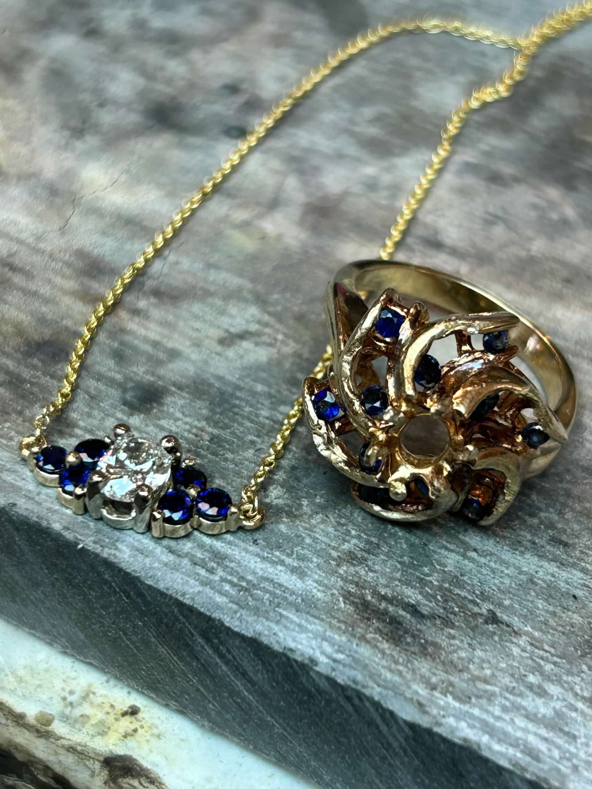 Custom made 14k yellow gold pendant with sapphires and diamonds made from old ring (right)